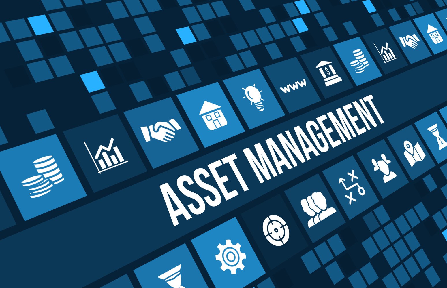 Asset management concept image with business icons and copyspace.